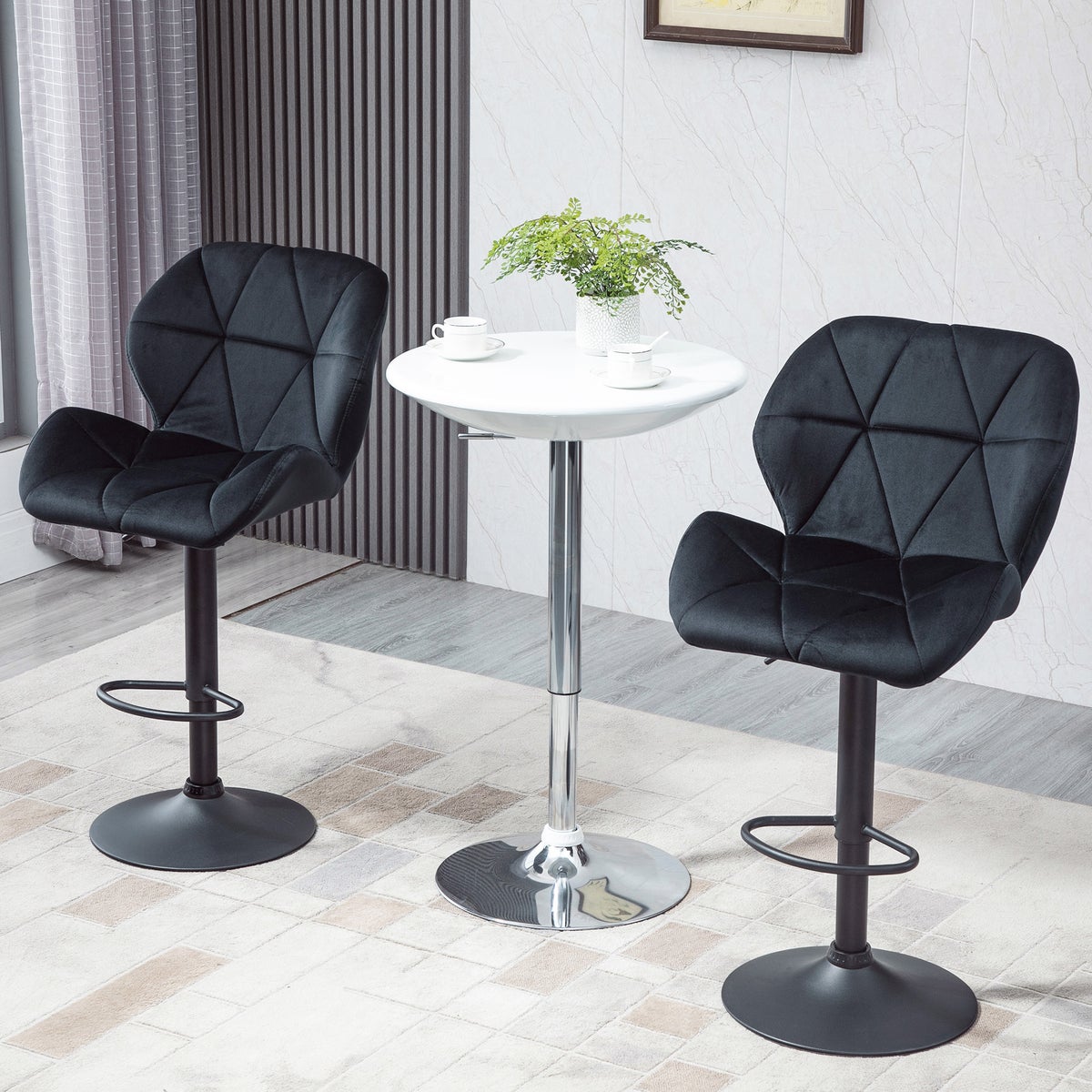 HOMCOM Set van 2 barkrukken, draaibare barkrukken met rugleuning, in hoogte verstelbare bistrokrukken, barkrukken, fluwelen touch, armloos schuim, zwart, 51,5 x 57,5 x 93-114,5 cm