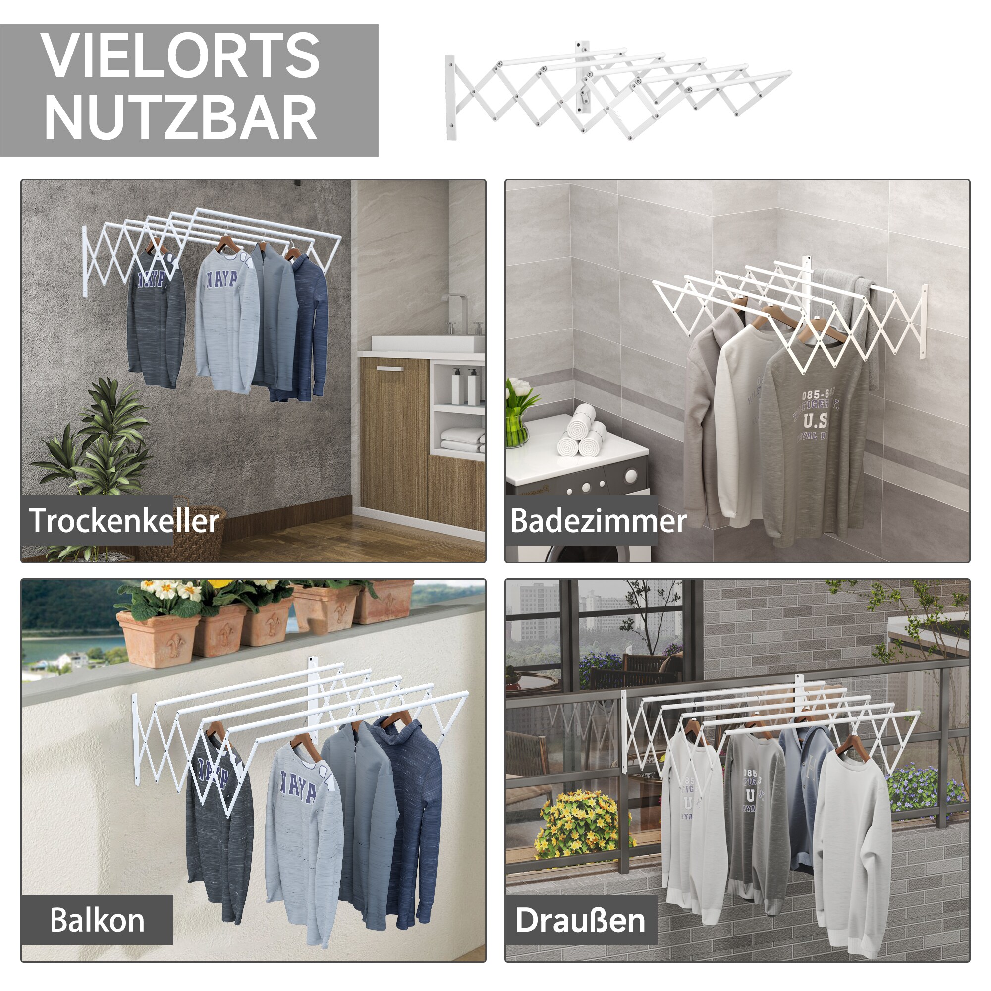 HOMCOM Wäscheständer mit Wandmontage und zusammenklappbar weiß 63,5L x 60B x 20H cm