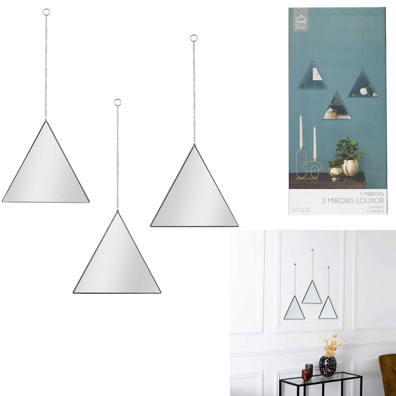 Home Deco Factory 3 Miroirs triangle suspendu Louxor noirs - 24.9x22.4x1.02 cm