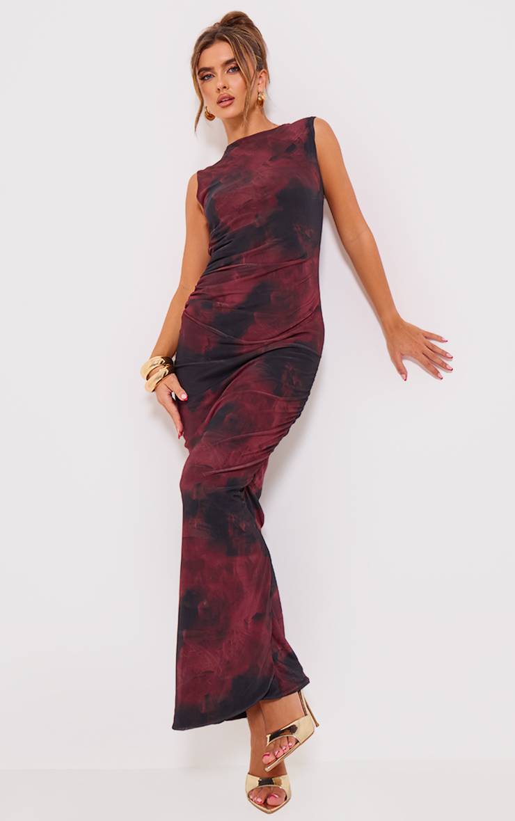 Rouge Bordeaux Robe Longue Moulante En Mesh À Imprimé Floral