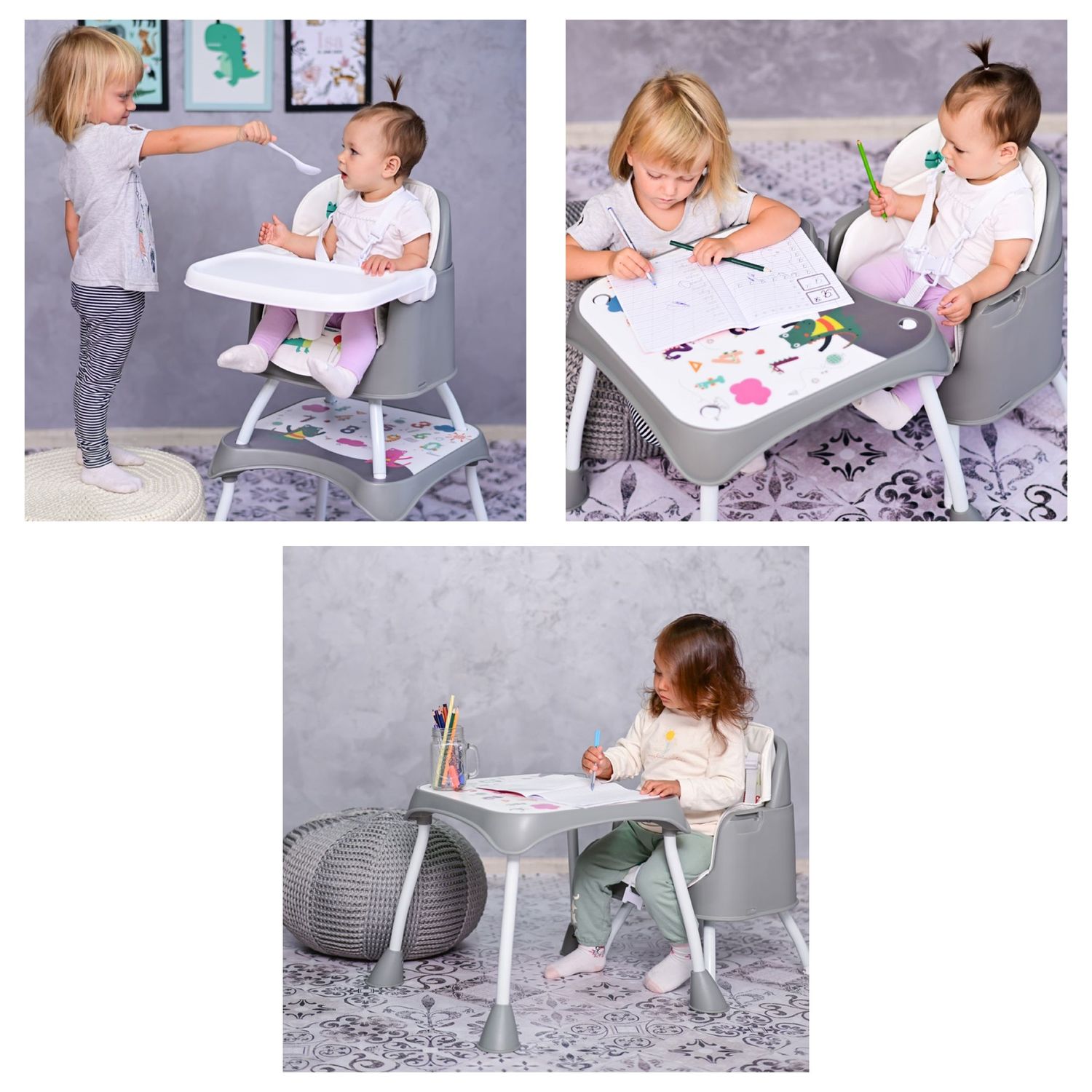 Lorelli Kinderhochstuhl Trick 3 in 1 Kinderstuhl, Tisch, umbaubar, klappbar Gurt rosa