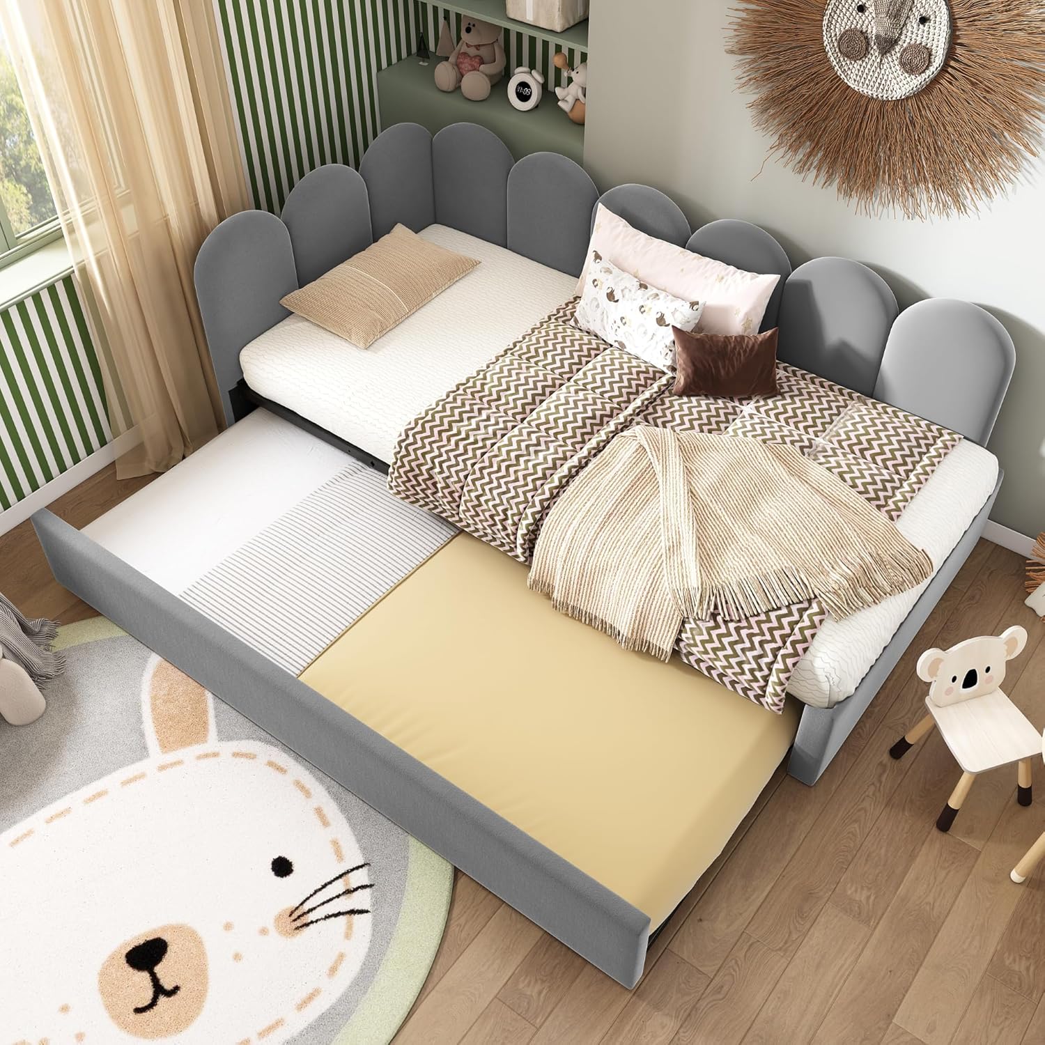 Merax Polsterbett Daybett 90x200cm, Tagesbett mit Ausziehbett, Doppelbett Gästebett Jugendbett, Kinderbett mit Lattenrost, Schlafsofa, Samt, Grau, ohne Matratze