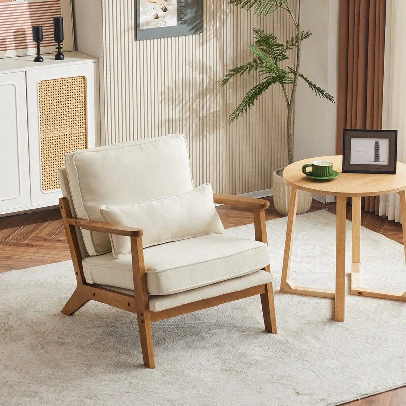 Upholstered Linen Blend Accent Chair with Wooden Legs and One Pillow Beige