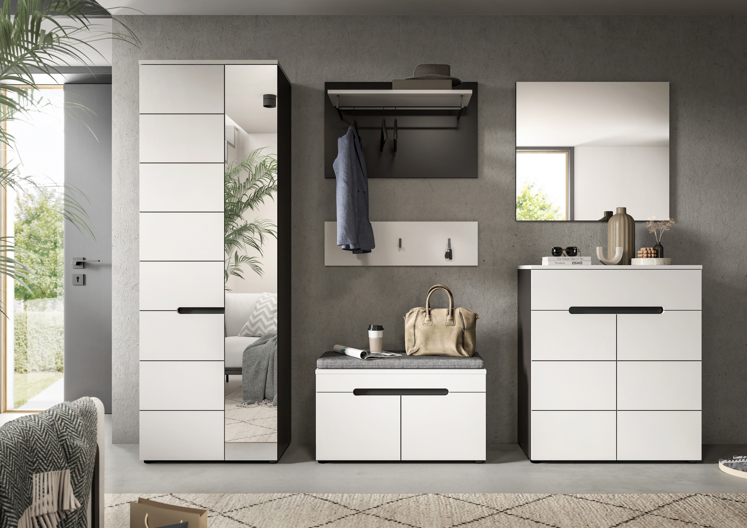 INOSIGN Garderoben-Set »REHAT, TOPSELLER!, 6-teilig, Breite 255 cm, individuell erweiterbar« Set, Schrank, Sitzbank, Sitzkissen, Paneel, Hakenleiste, Spiegel, Kommode, 6 Stk. tlg.