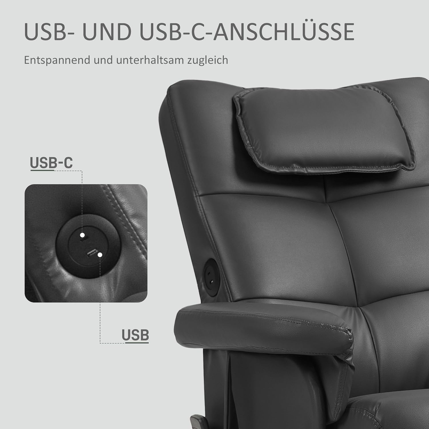 HOMCOM Relaxsessel mit Hocker, 360°drehbarer Fernsehsessel mit Knetmassage und Vibrations-Massage, Liegefunktion, Massagesessel mit USB- und USB-C-Anschlüssen, Seitentasche Kunstleder Schwarz