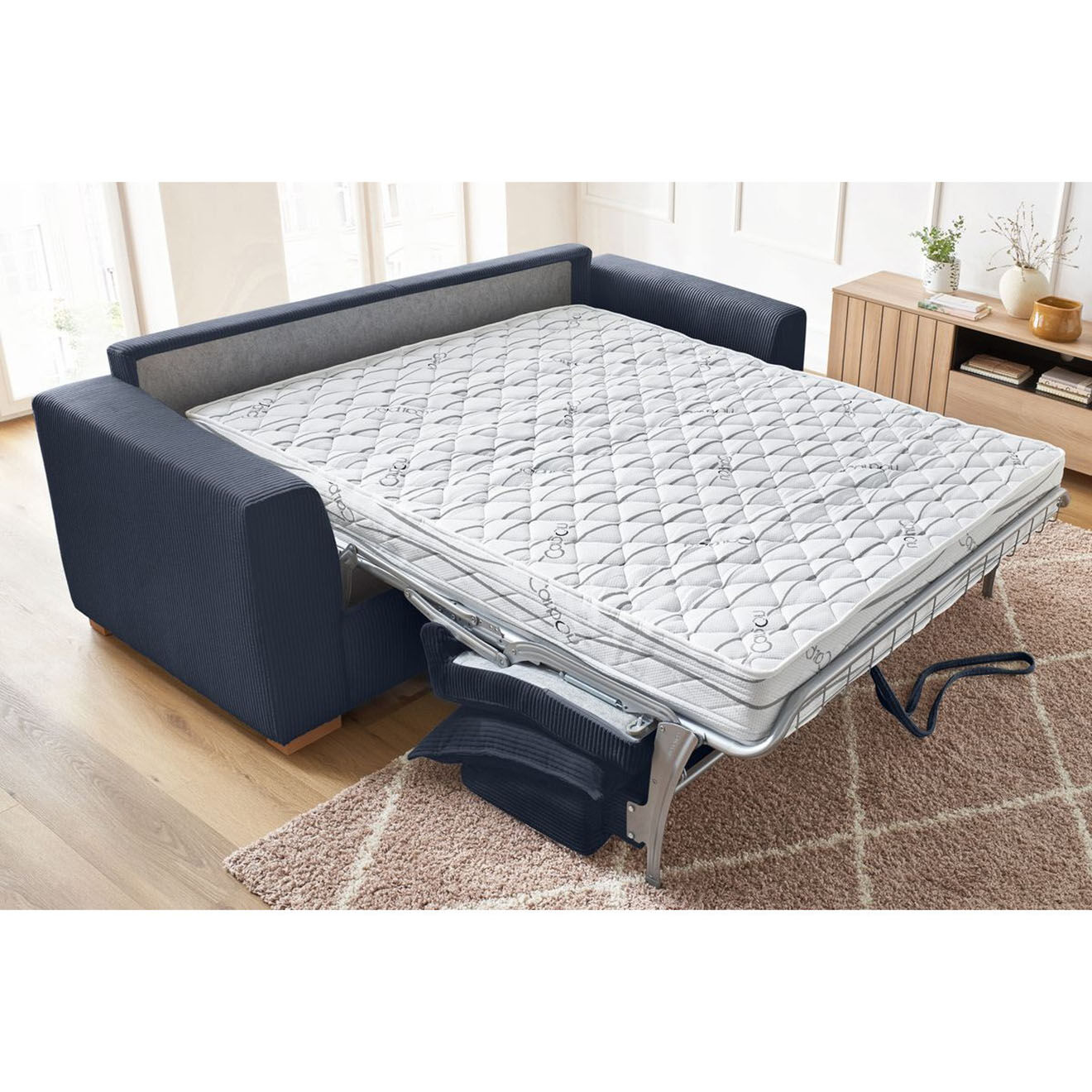 Bobochic Canapé droit convertible express en Velours côtelé 3 places Augustin bleu foncé - 205x96x97 cm
