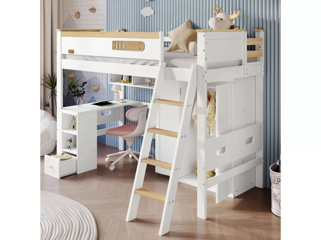 Lit superposé pour enfants 90x200 cm, avec garde-corps, table et armoire, échelle, blanc + couleurs naturelles