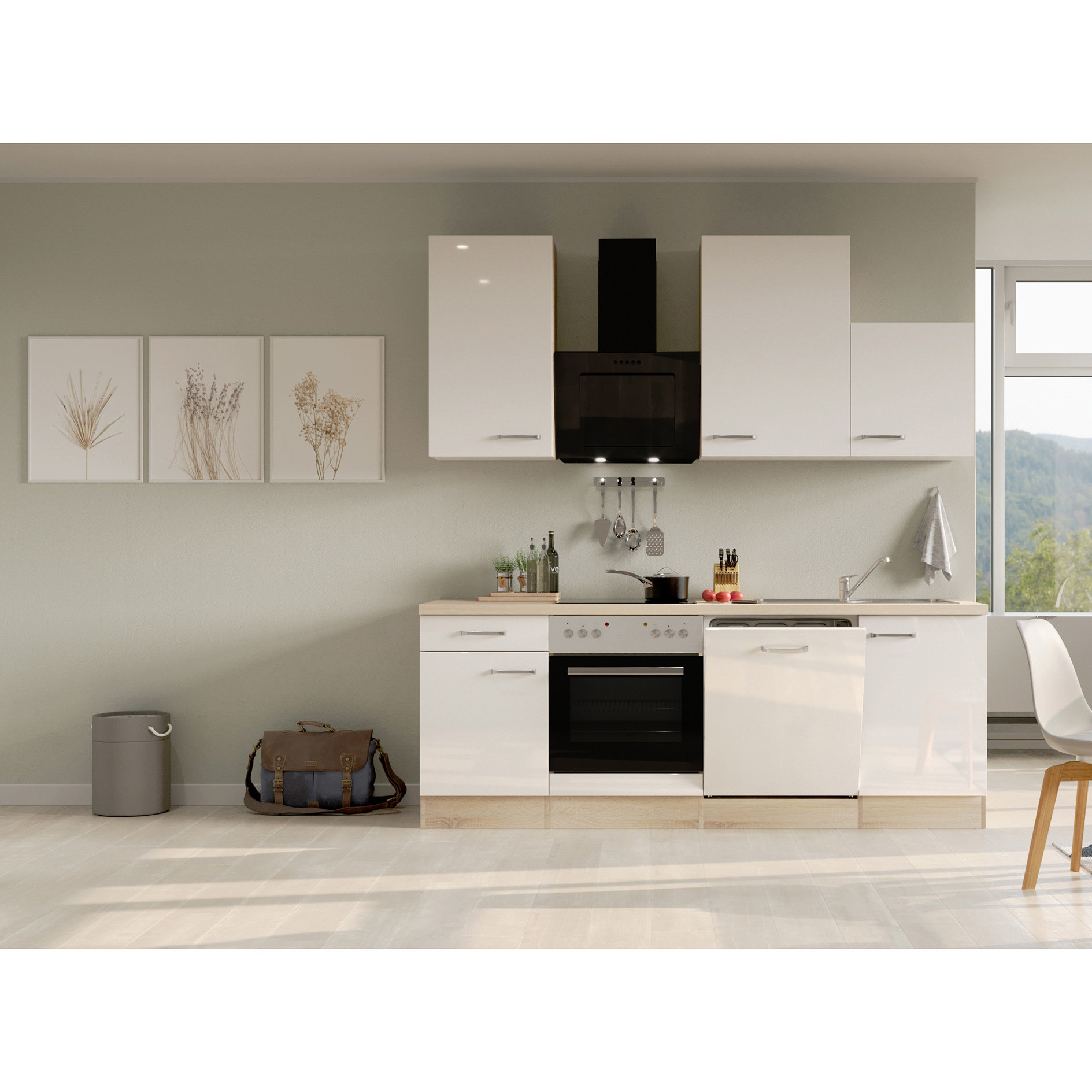 Küchenblock VALERO - weiß Hochglanz - Sonoma Eiche - mit E-Geräten - 220 cm