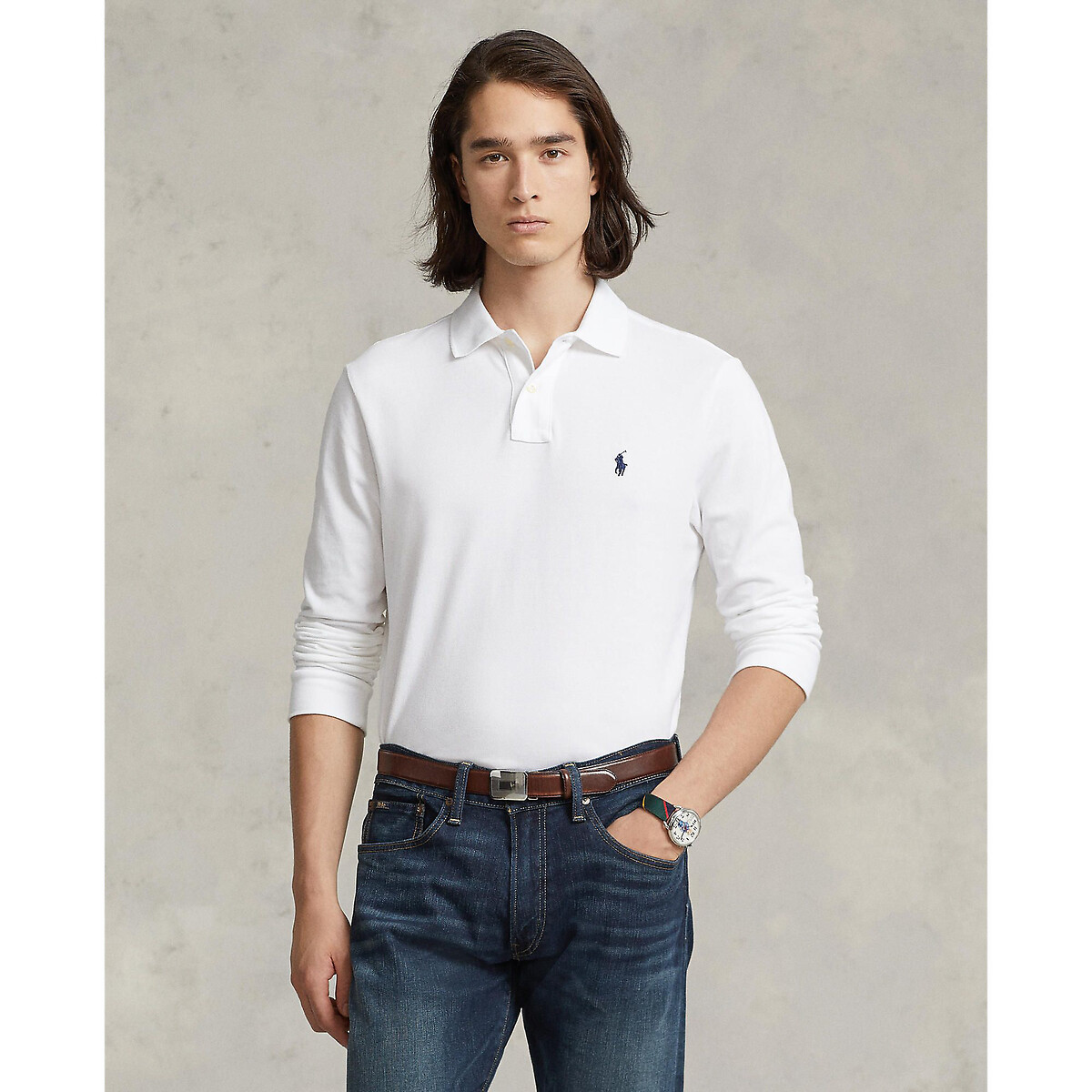 POLO RALPH LAUREN<br>Polo de manga comprida com corte justo em piqué