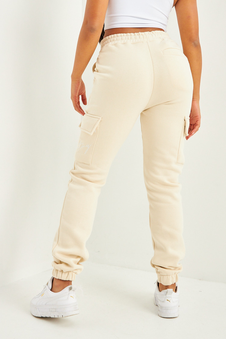 Pantalon de jogging beige clair poches cargo inscription Brentiny