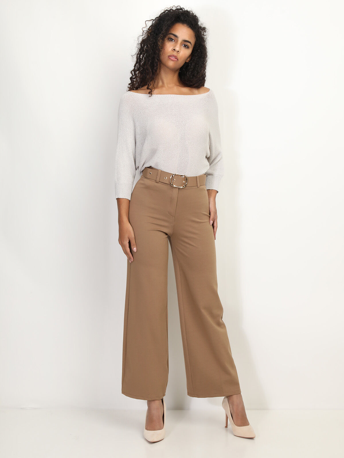 Pantalon évasé avec ceinture- Camel