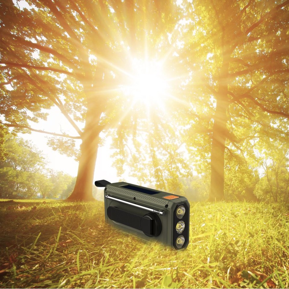 Manta - Bærbar nødradio FM-radio, solenergi powerbank, lommelygte