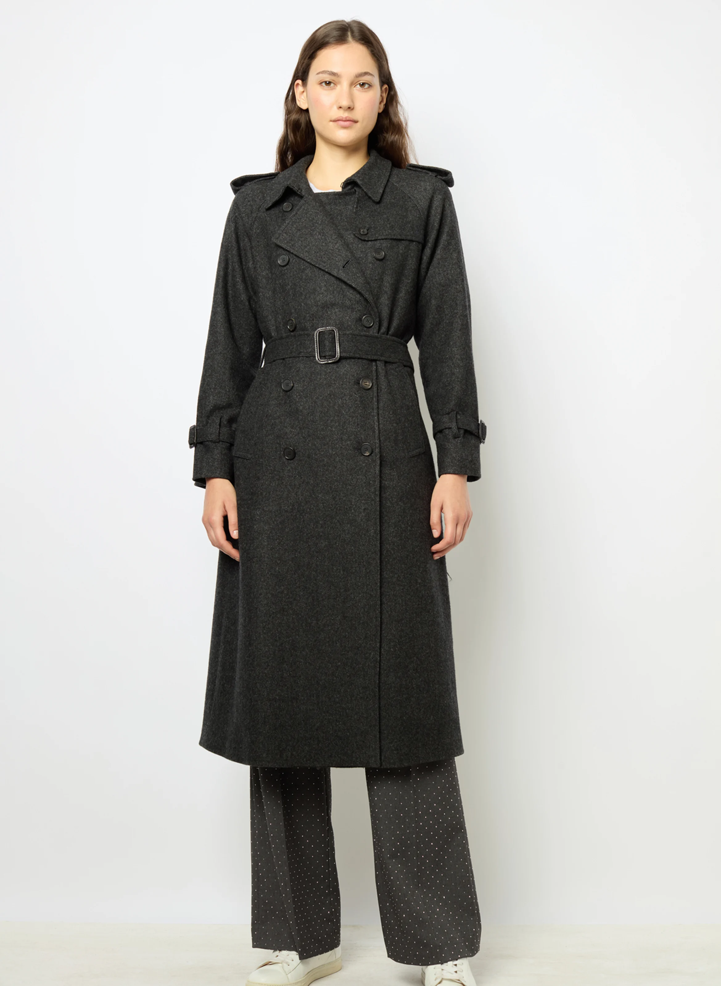 SERGE - Trench droit col tailleur en laine mélangée | Gris