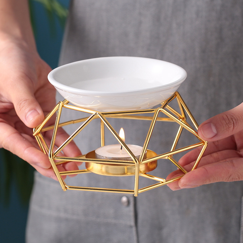 Keramik Aroma Duftlampe mit Edelstahl Teelicht Halterung - Gold / Weiss