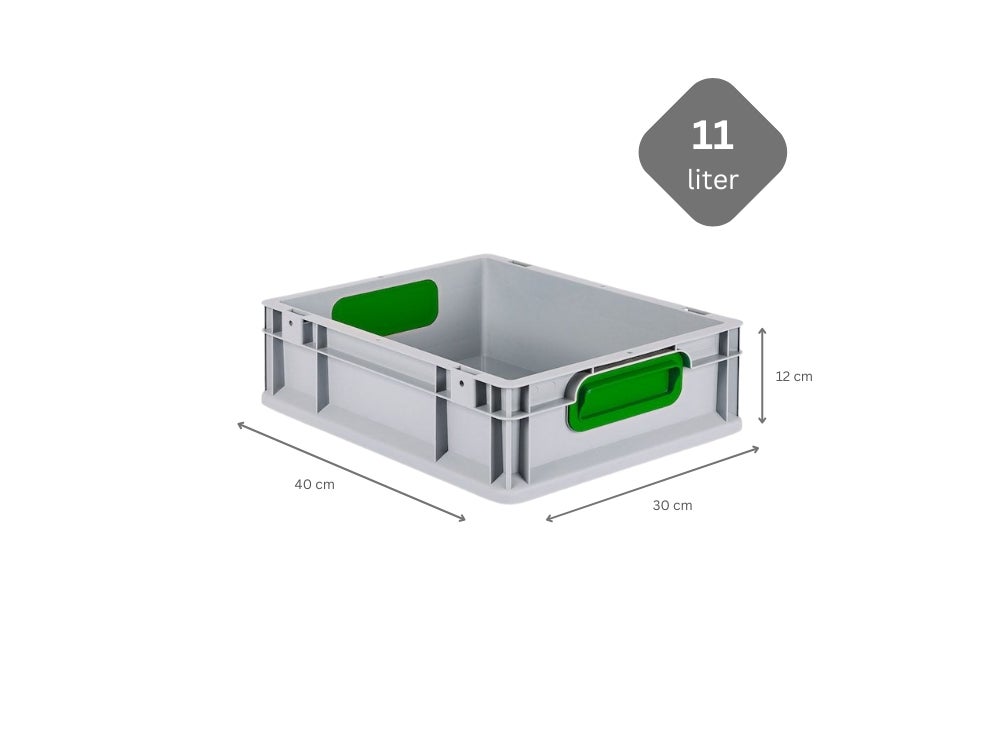 PROREGAL Eurobox Nextgen Kleur HxBxD 12 x 30 x 40 cm 11 Liter Handgrepen Groen Gesloten Gladde Bodem Euro Container Transportbox
