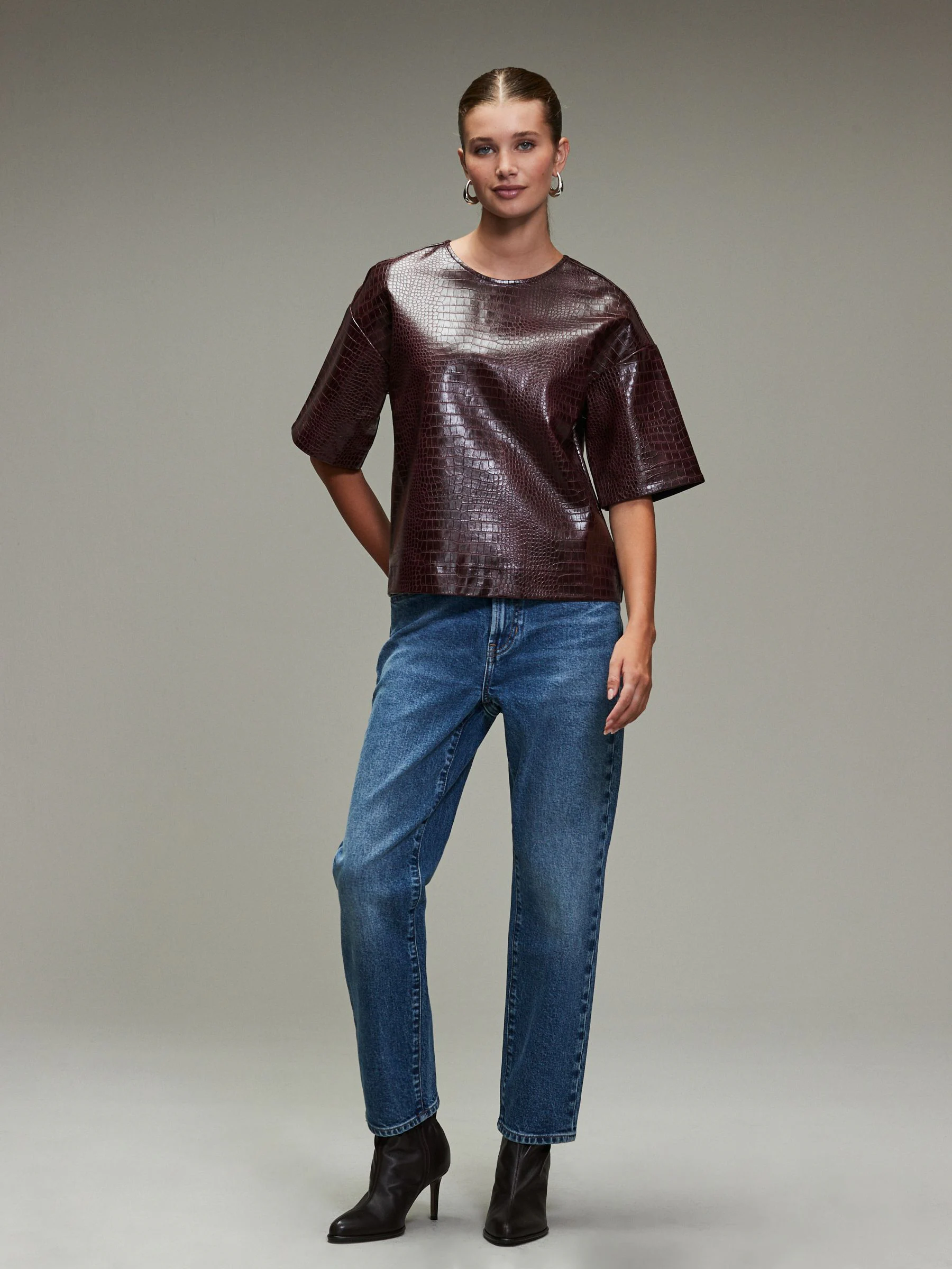 Bordeauxrood - Faux Leather Croc Effect T-Shirt