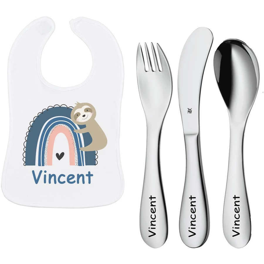 Schnullireich Geschenkset mit Namen WMF Kinderbesteck Knuddel Mini 3 Tlg. + Lätzchen Blue Rainbow Silber
