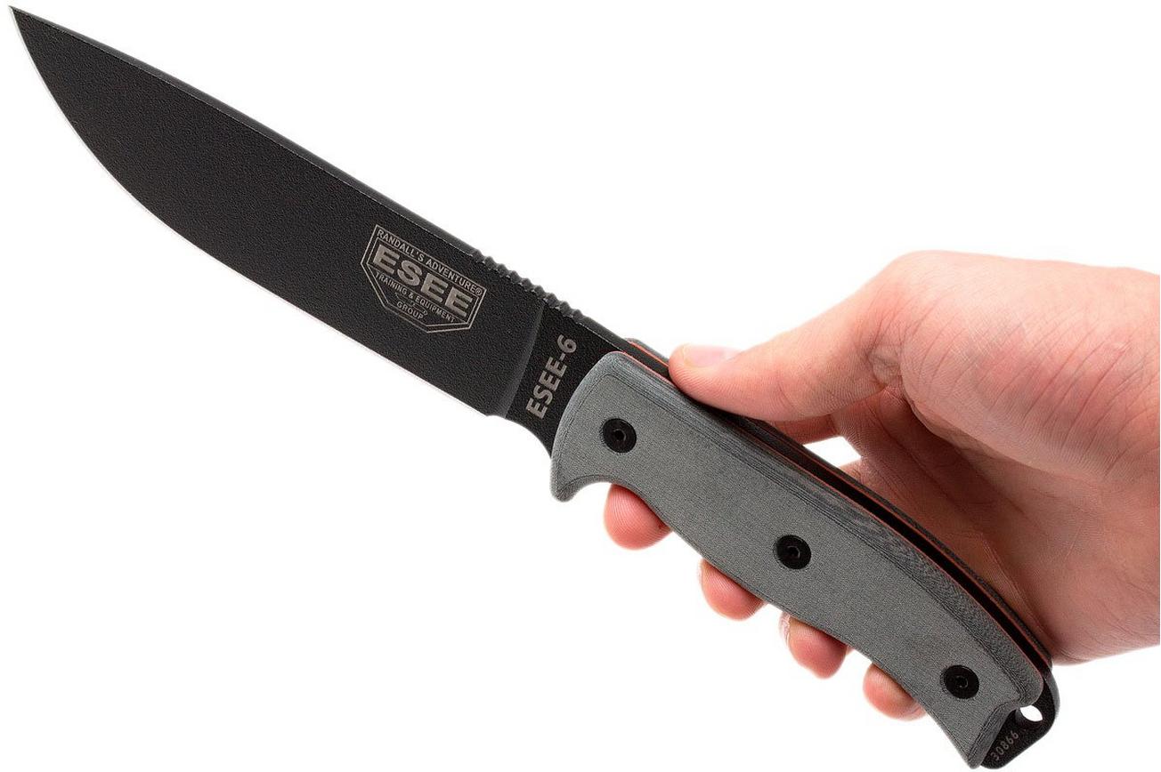 ESEE Model 6 black blade, grey handle 6P-B met zwarte schede   riemclip