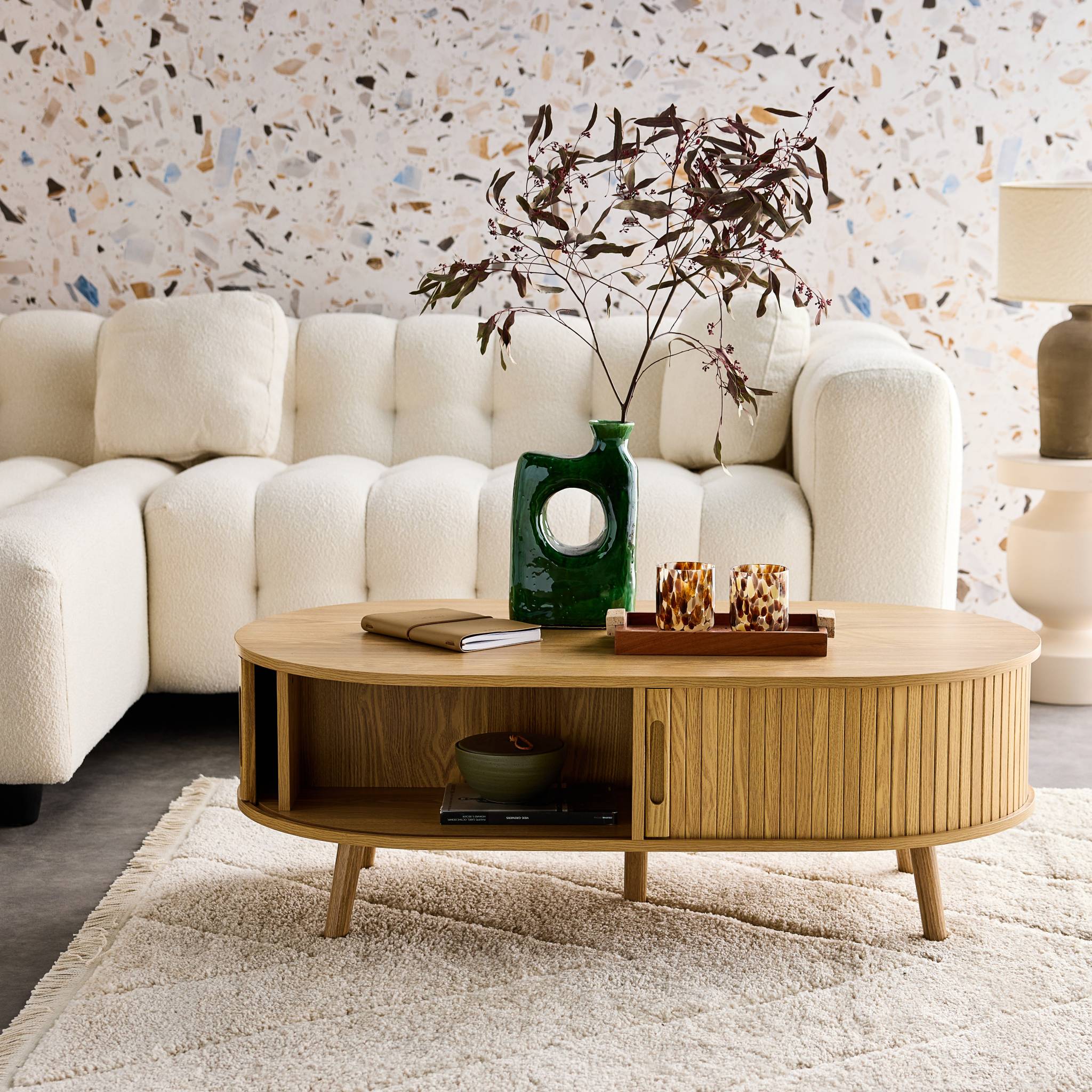 sweeek - Salontafel met schuifdeuren en vakken met houteffect 110cm