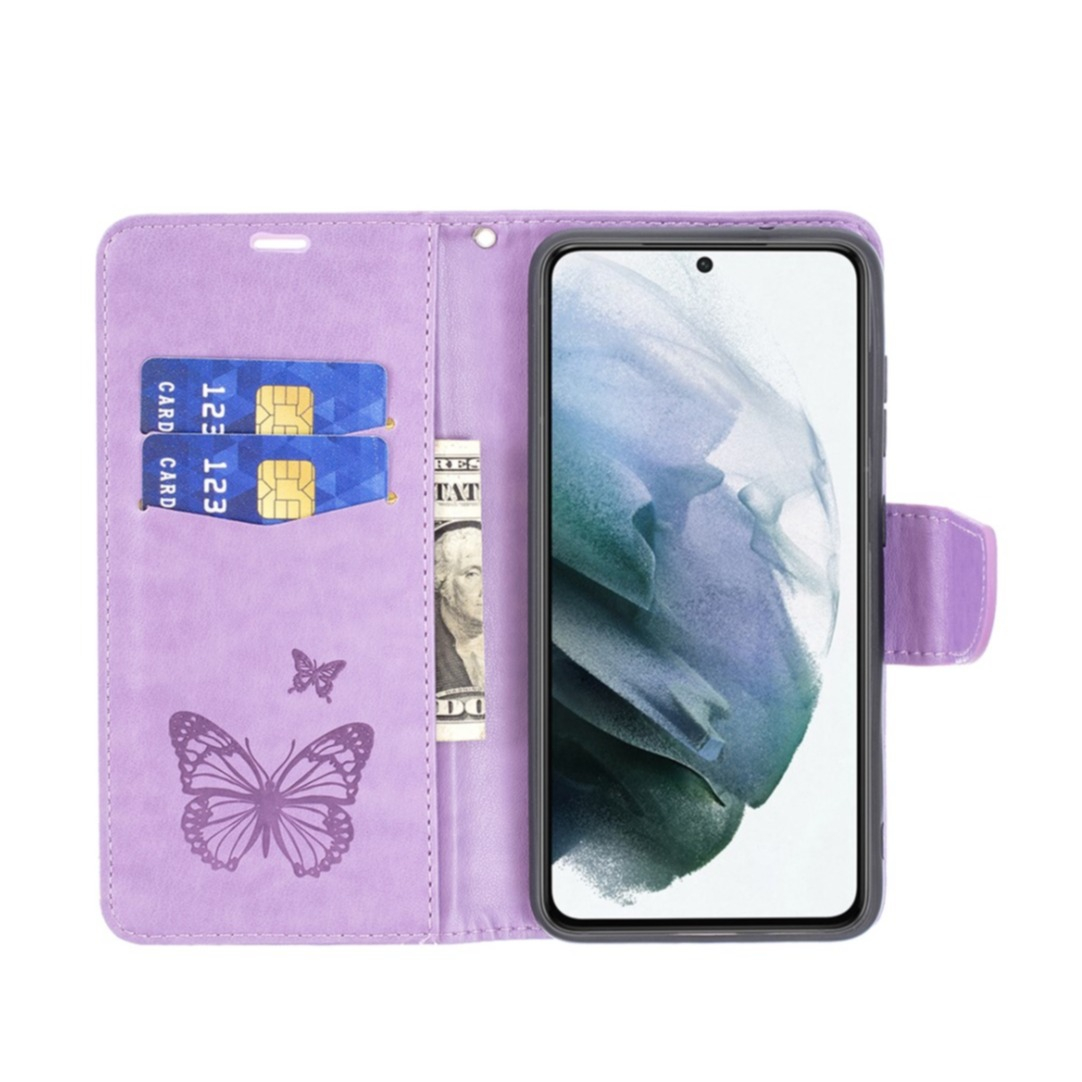 Samsung Galaxy S21 FE 5G Leder Tasche mit Kartenfach   Handschlaufe Schmetterling - Lila