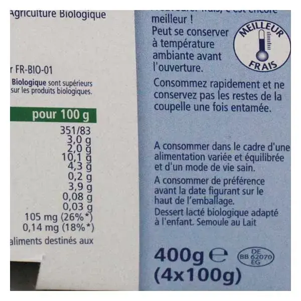 Sêmola com Leite Integral Hipp Organic Milk Delights +6m 4 x 100g