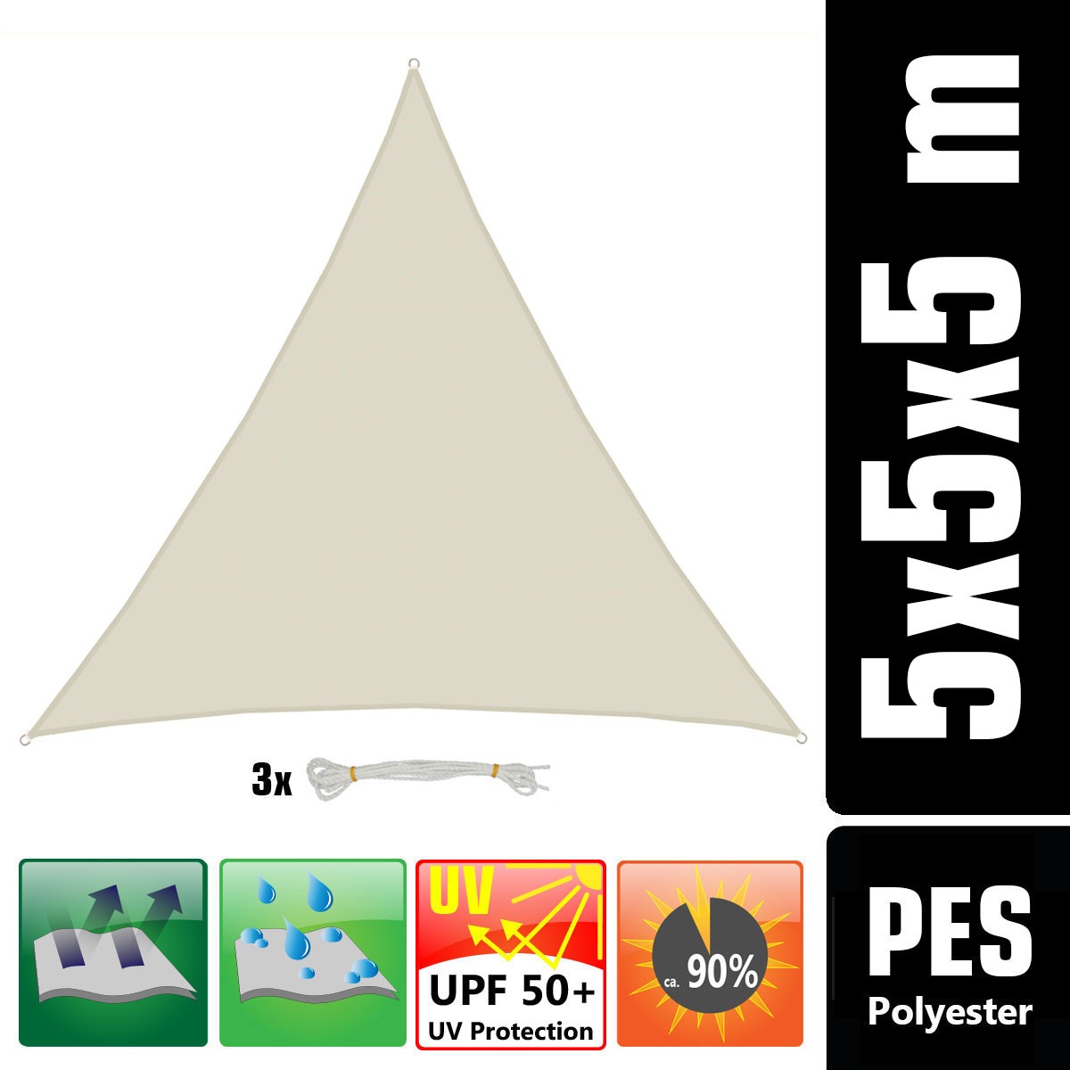 AMANKA 5x5x5 waterdicht beige schaduwdoek met bevestigingsset