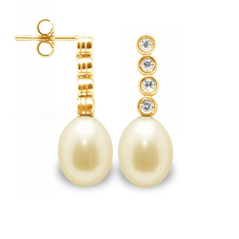 Boucles d'Oreilles Perles de Culture Dorées, Diamants et Or Jaune 750/1000