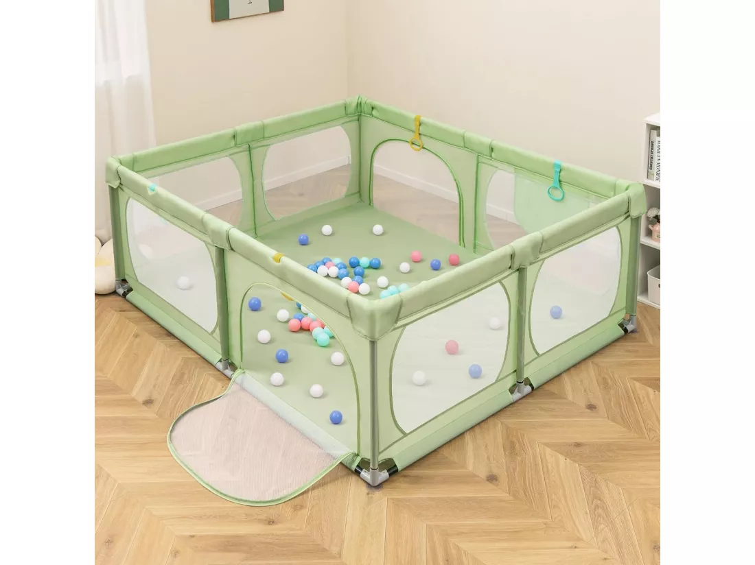 Grand Parc pour Bébé avec 50 Balles Océaniques, Clôture pour Tout-Petits avec 4 Anneaux à Main, Centre d'Activités pour Bébé avec Maille Respirante, 189 x 158 x 68 CM (Vert)