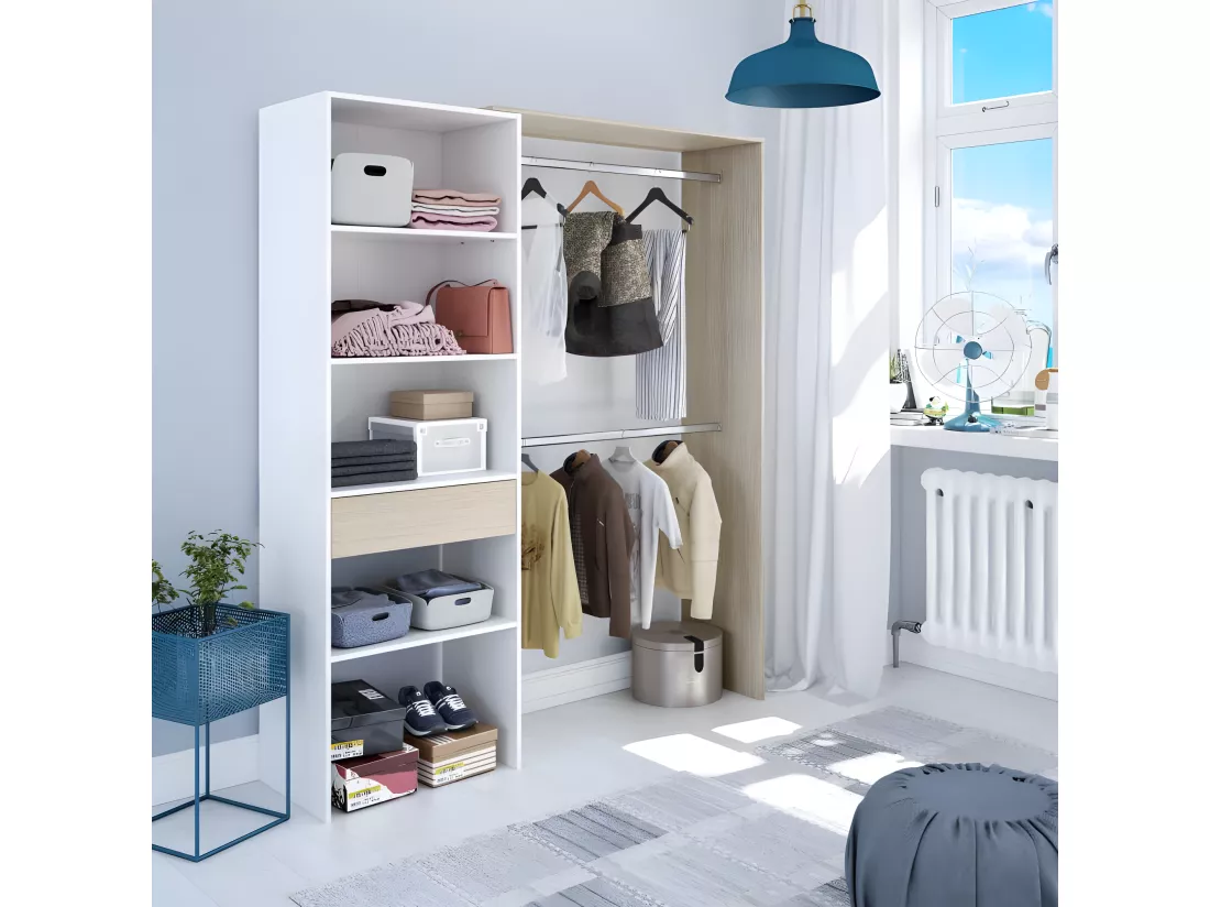 Aménagement dressing réversible Blanc/Chêne - DAJI - L 158 x l 40 x H 187 cm