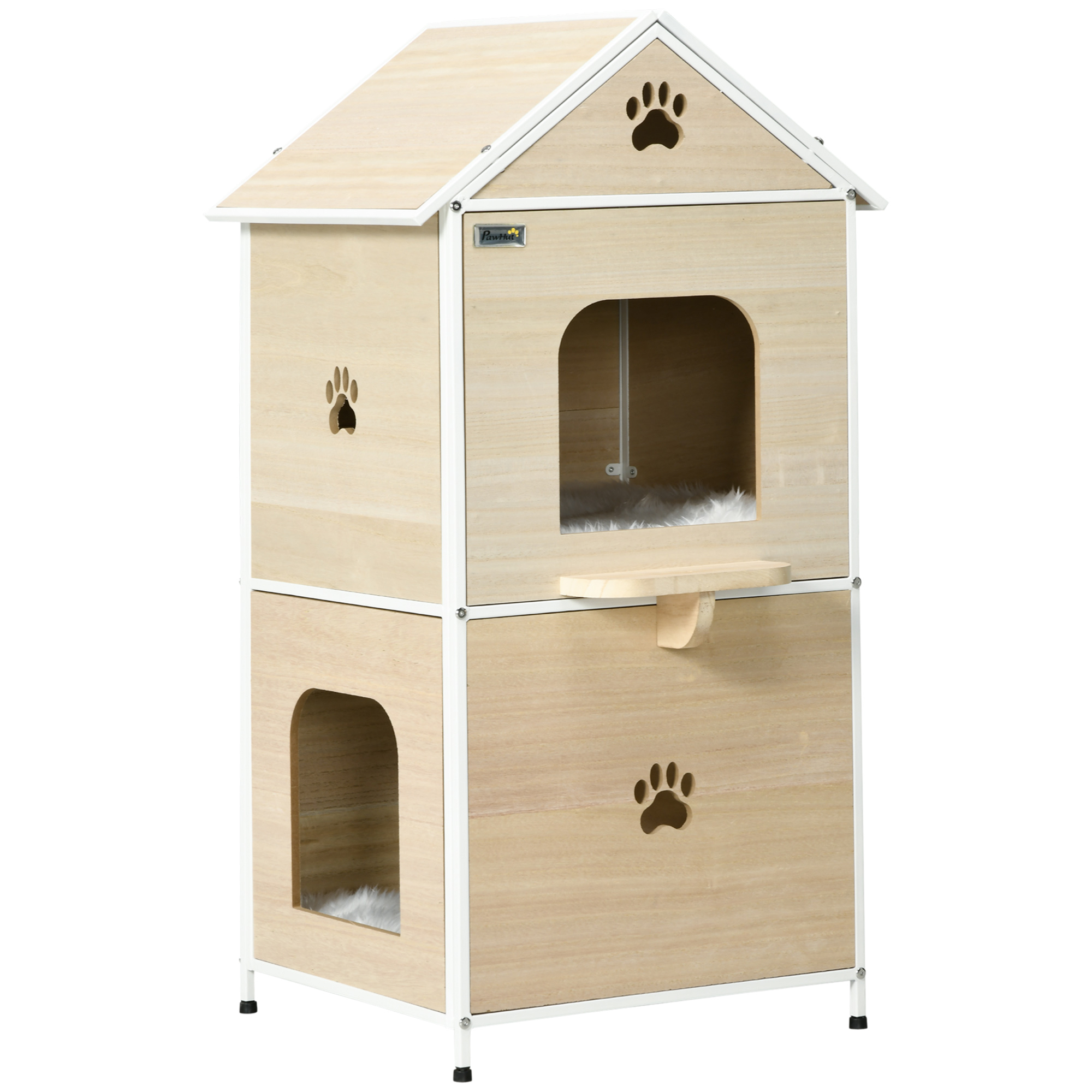 Casinha de madeira natural para gatos PawHut