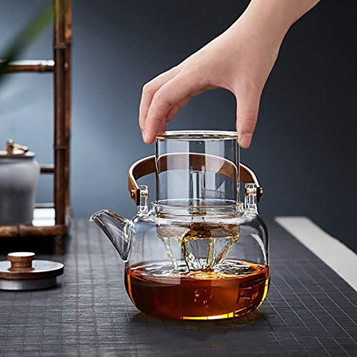 (900ml) Glas Tee Kanne mit Filter Sieb Teebereiter Karaffe mit Holz Deckel Getränke Krug für Losen Tee - Transparent / Braun