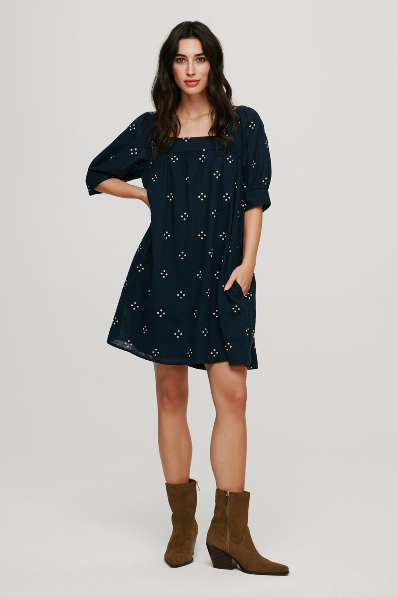 Vestido de manga curta em algodão e linho - Azul marinho
