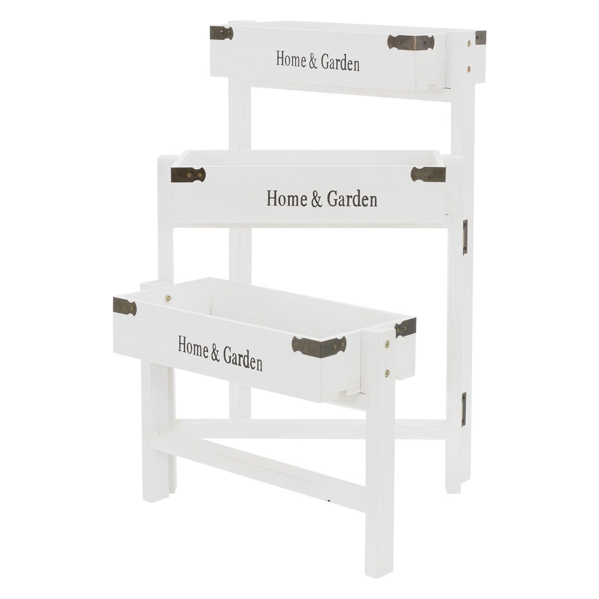 ML-Design 3-laags bloemenstandaard, wit hout, 111 cm, bloembak 32 x 16 x 7 cm, opvouwbaar, rustieke decoratieve bakken, plantenstandaard, bloemenladder, decoratieve plantenplank, plantenstandaard, plantenpot
