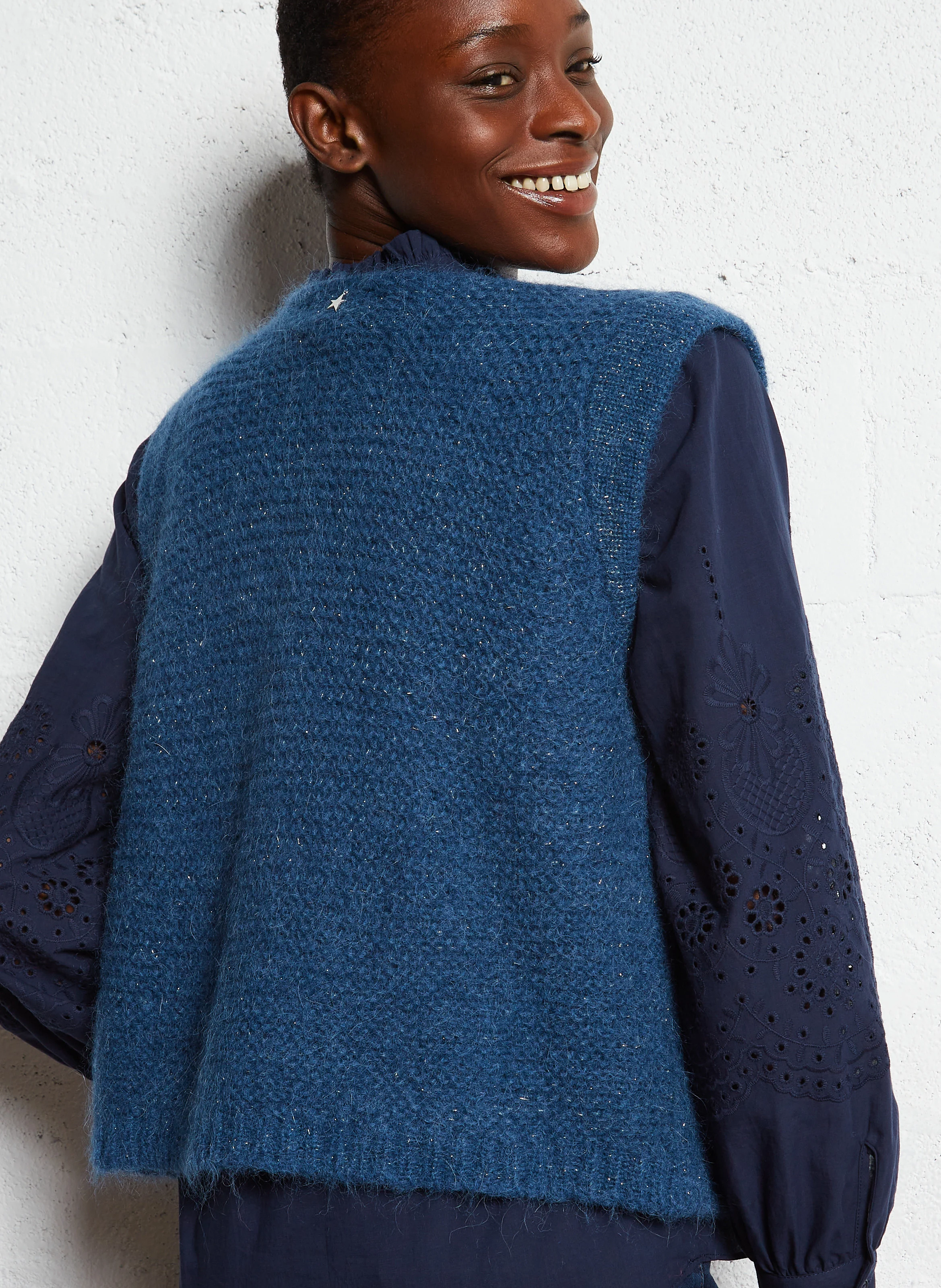 GOTANAX - Gilet col rond droit en maille | Bleu