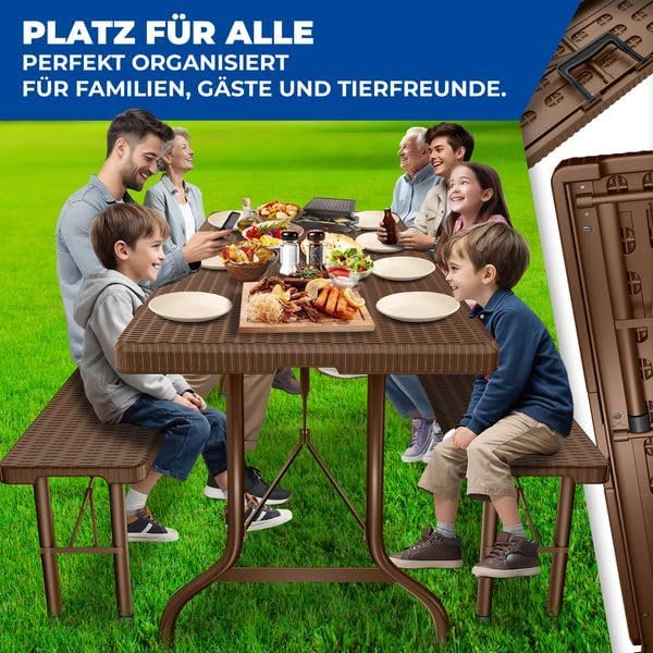 KESSER® Bierzeltgarnitur 3-teilig Set Tisch & 2x Bank | Buffettisch für drinnen & draußen Gartengarnitur klappbar 183x76x74cm Kunststoff Klapptisch Rattan-Look Gartentisch Inkl Abdeckung & Tragegriffe