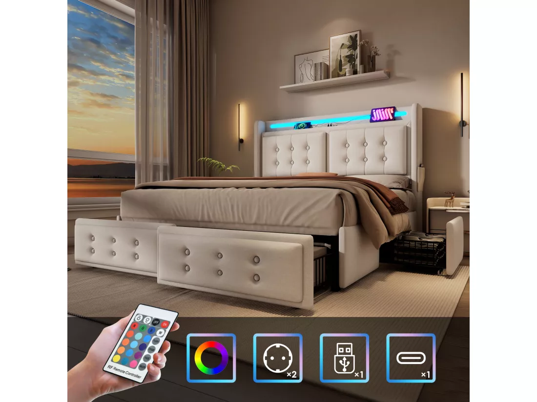 Lit capitonné 140 x 200 cm avec 4 tiroirs, tête de lit LED, prise USB Type-C - Tissu en coton - Beige (sans matelas)