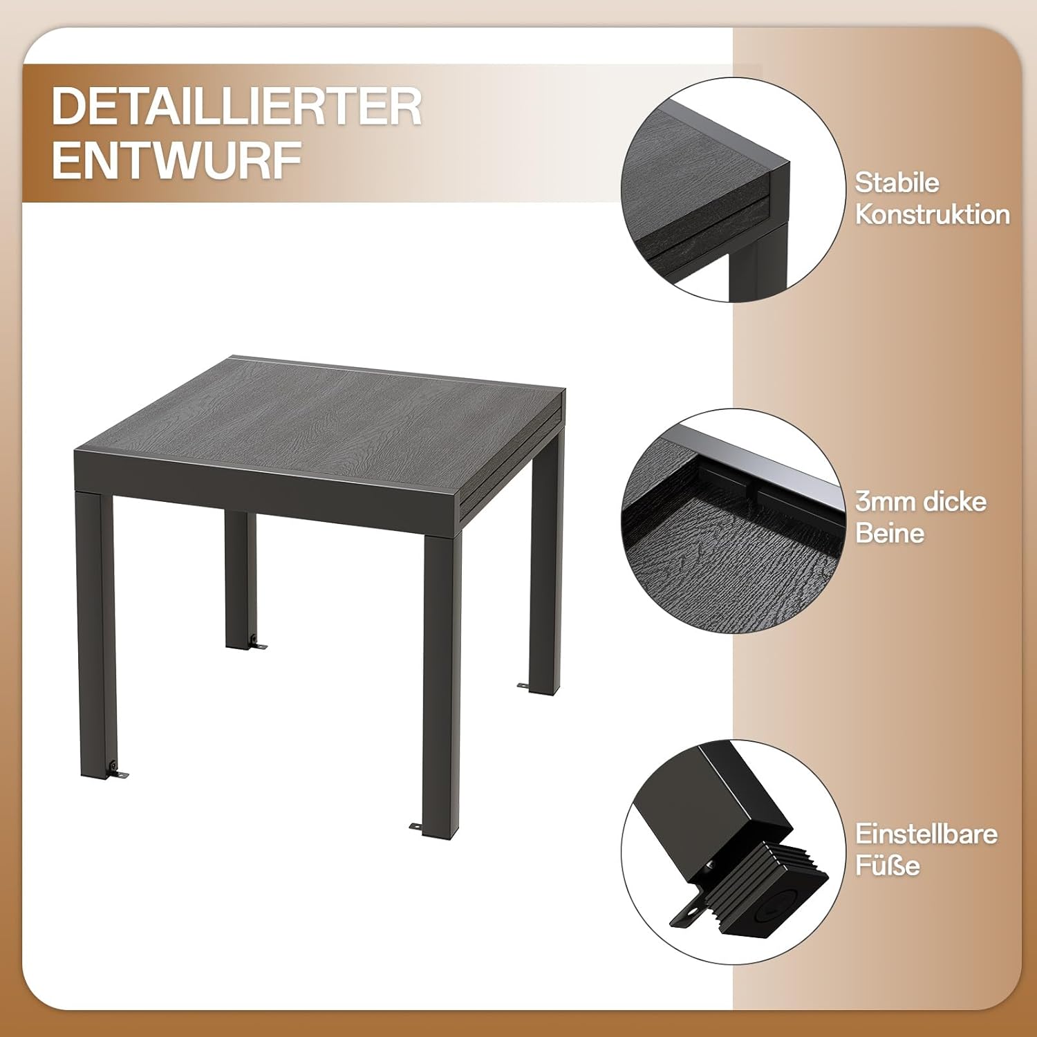Devoko Aluminium Ausziehbarer Gartentisch, Wetterfest 80-160x80x75cm Outdoor Esstisch für 4-6 Personen mit Sonnenschutz, Leicht zu Reinigen, Dunkelgrau