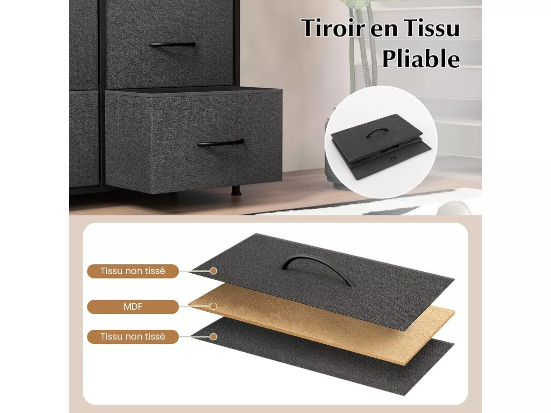 Commode Chambre 8 Tiroirs, Commode Chambre Adulte en Tissu Pliable, Chiffonnier Moderne avec Poignée, Commode Rangement avec Kits Anti-basculement pour Salon, Entrée, Noir