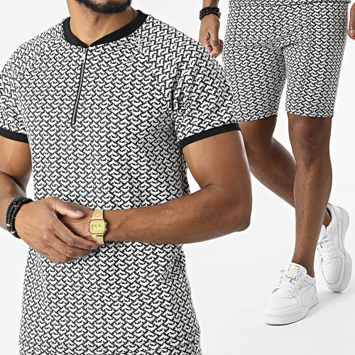 Ensemble Tee Shirt Col Zippé Et Short UY852 Blanc Noir
