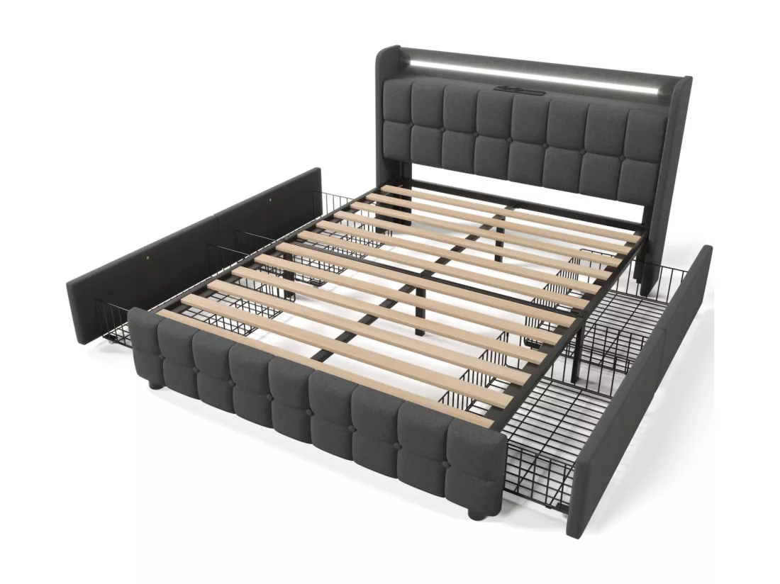 Lit 160x200cm avec tiroirs, Lit double capitonné avec rangement, éclairage LED, 2 chargeurs USB, lit adulte, sommier à lattes, gris