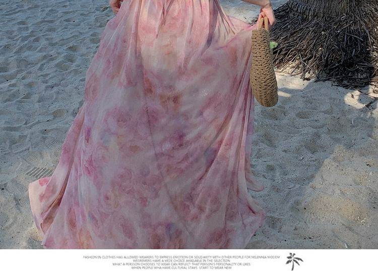 Moanum - Halter maxi-zonnejurk met bloemenprint en zijsplit