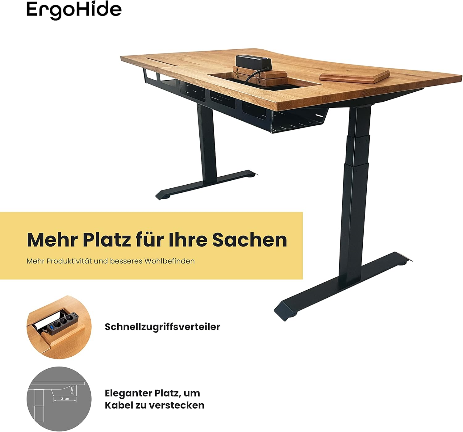 ErgoHide® Höhenverstellbarer Schreibtisch aus Massivholz mit erweitertem Kabelmanagement/Kabelkanal (Eiche, Schwarz, Ergonomisch, 150x80cm)
