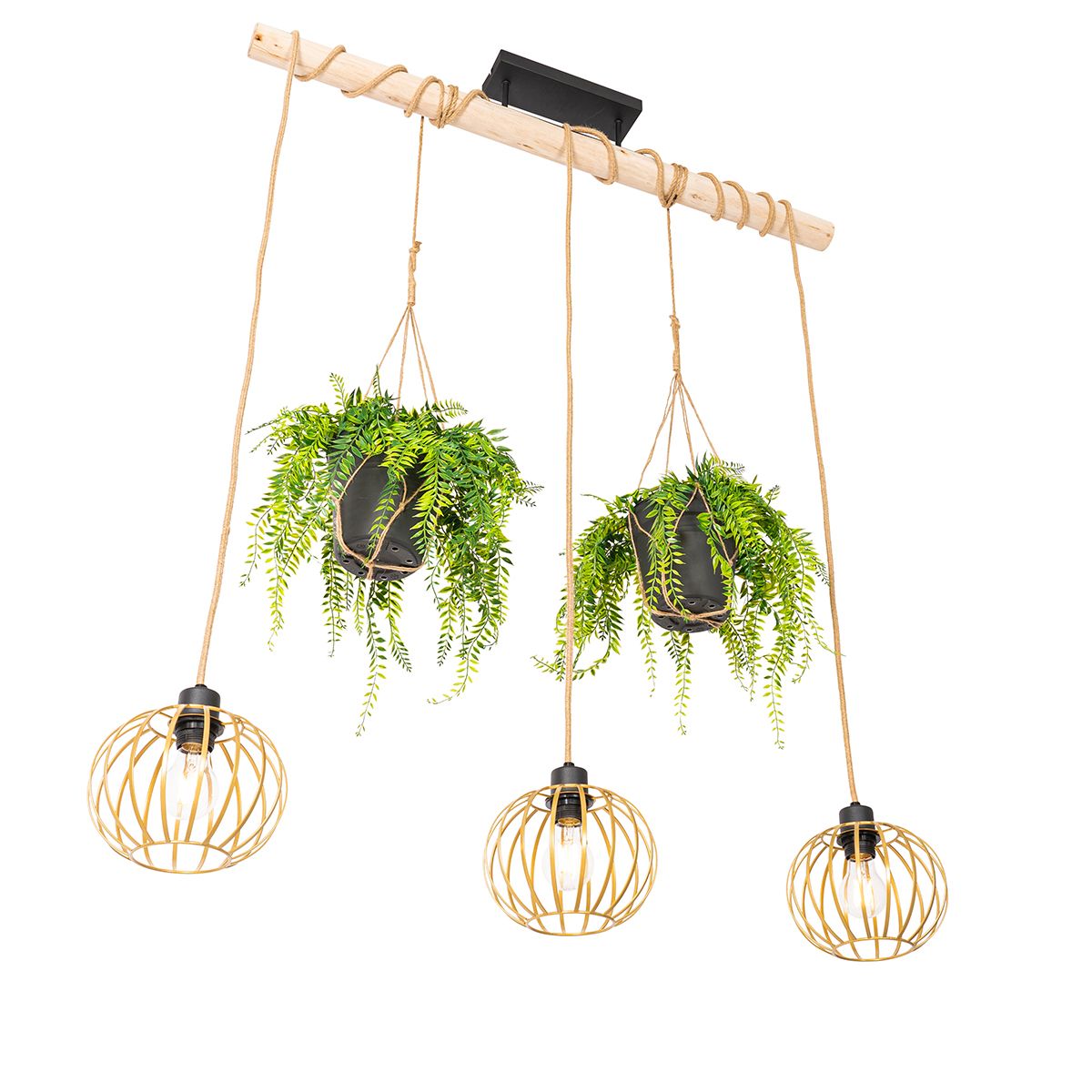 Landelijke hanglamp goud met hout 3-lichts - Yura