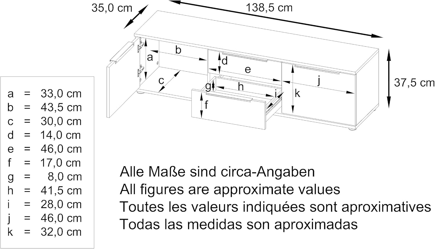 Vladon TV Lowboard Linio V1, Fernsehtisch mit 2 Türen und 2 Schubladen – Weiß/Grau Hochglanz (138,5 x 37,5 x 35 cm)