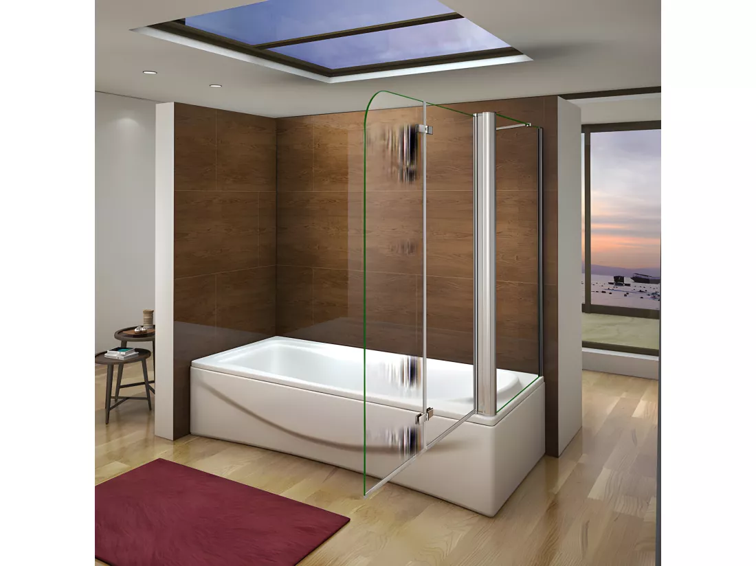 Pare-baignoire pivotant et pliant 120x140cm avec paroi fixe 75x140cm, paroi de baignoire en 6mm verre de sécurité