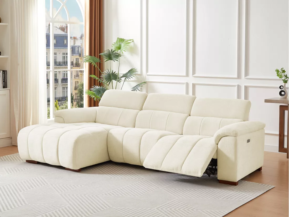 Canapé d'angle gauche relax électrique en tissu beige MOLPICA