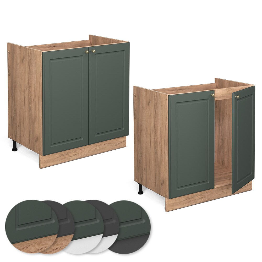 Vicco Spülenunterschrank Küchenschrank Küchenmöbel Fame-Line Eiche Grün-Gold Landhaus 80 cm Küche Einbauküche Drehtür Siphonausschnitt Blende Küchenzeile