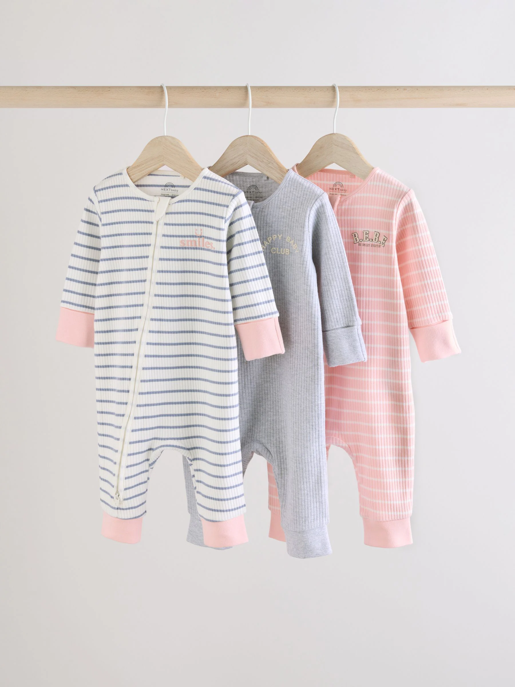 Roze/grijs - 3 Pack Baby-pyjama's met tweewegrits (0mnd -3jr)
