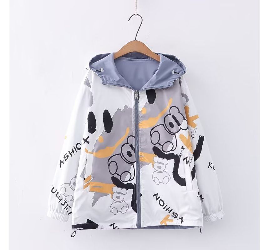 PANDAGO - Windjack met staande kraag, berenprint en omkeerbare rits en capuchon