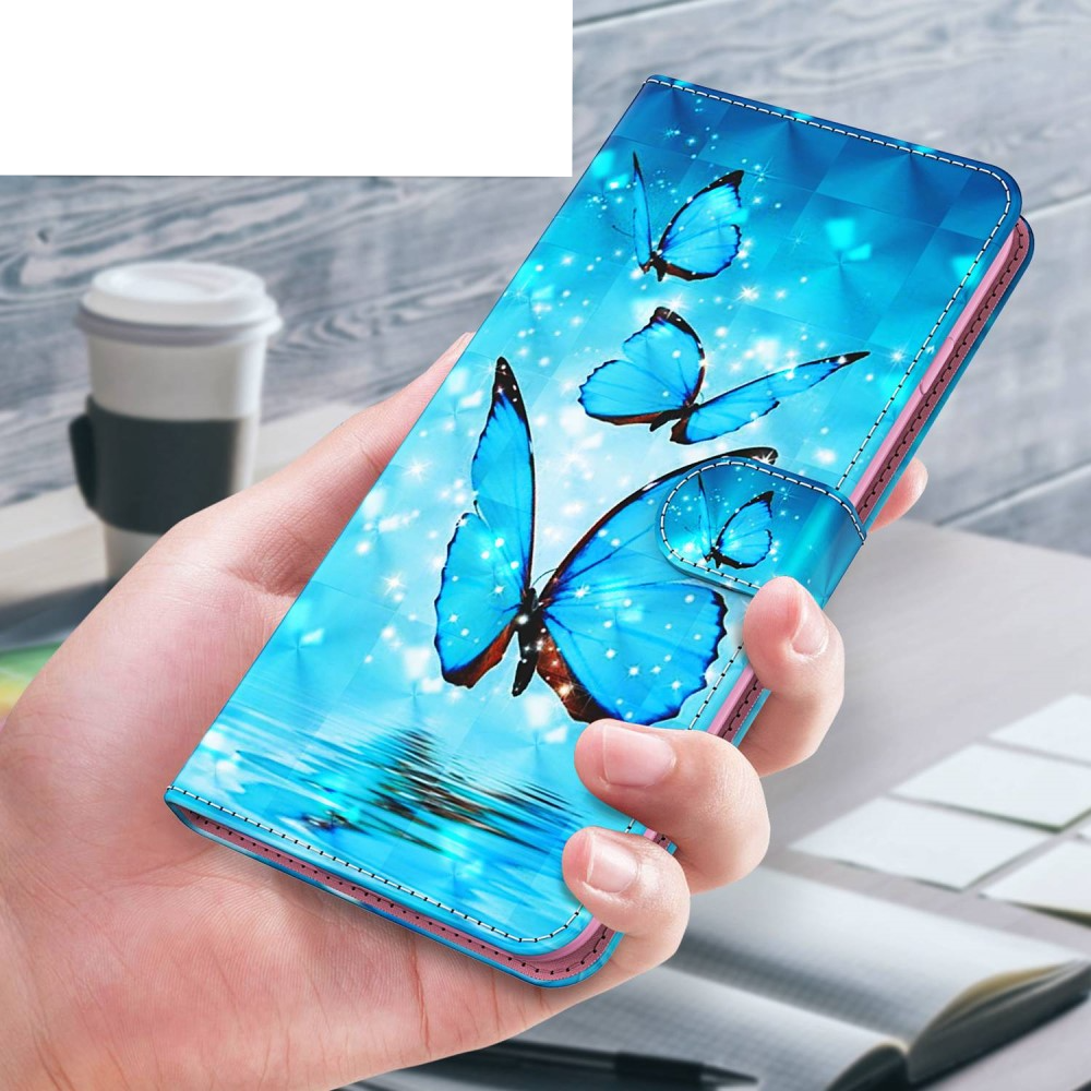 iPhone 14 Pro Leder Tasche mit Kartenfach   Handschlaufe - Schmetterling (Blau)